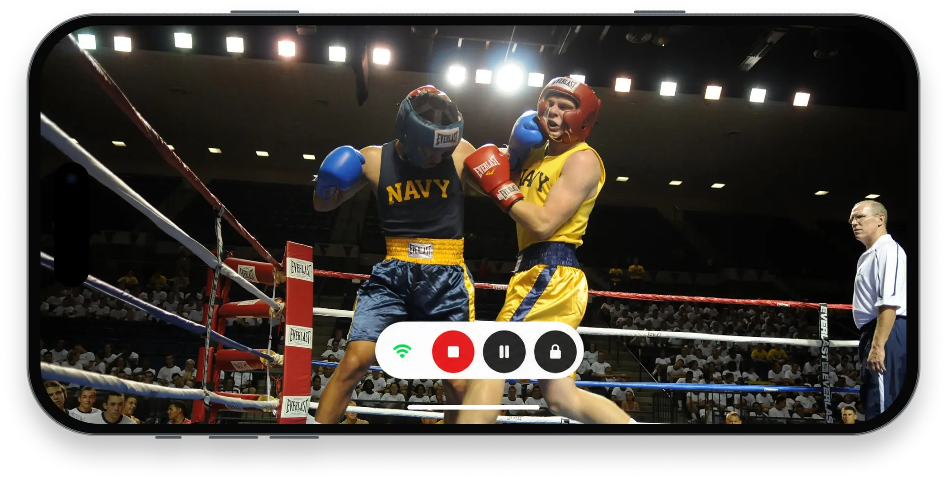 A phone held sideways broadcasting a boxing match, with the stop, pause and lock controls on screen